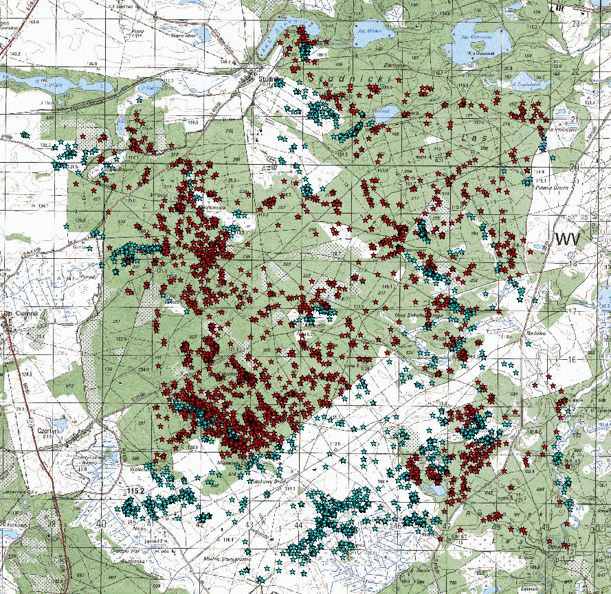 Ryc. nr 37 Wybiórczość biotopowa Stada Drawsko wiosną i latem 2010 roku Wiosną i latem 2011 na żubrzycach w Stadzie Drawsko pracowały dwie obroże telemetryczne.
