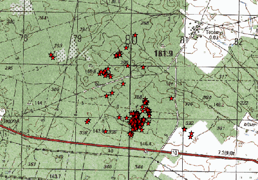 Ryciny nr 45 i 46 przedstawiają miejsca bytowania dwóch żubrzyc z cielętami, ze Stada Mirosławiec przez 4 tygodnie po wycieleniu. Ryc. nr 45 Areał bytowania krowy nr 26 Ryc.