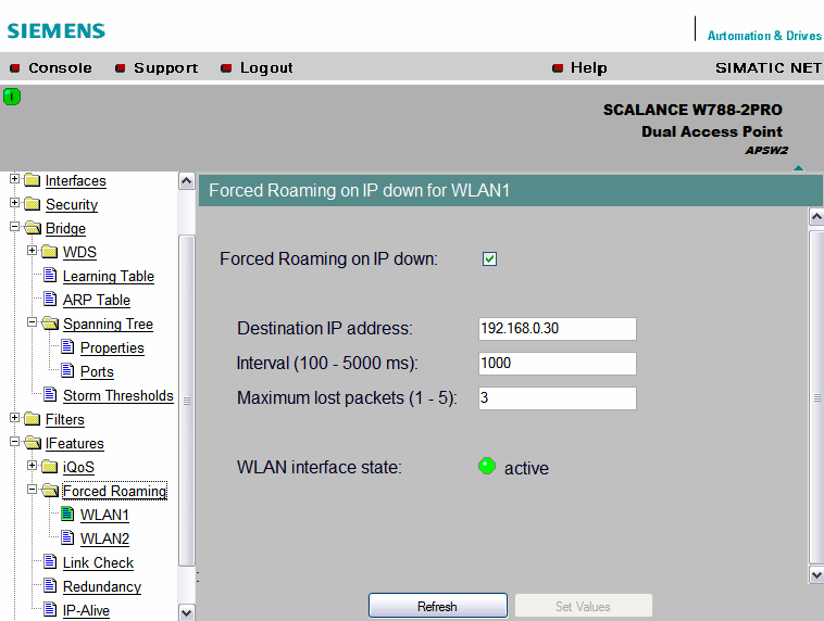 Karta IFeatures -> Forced Roaming -> WLAN1/WLAN2 Włączenie opcji Forced Roaming on IP down powoduje rozłączenie stacji klienckiej z interfejsem, na którym pojawiają się problemy w komunikacji z