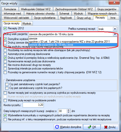 dziecka. W przeciwnym wypadku, wiek, zgodnie z zapisem rozporządzenia, można ustalić bezpośrednio z tego numeru. Tak też system KS-SOMED działał w przypadku włączenia opcji Recepty 2012.