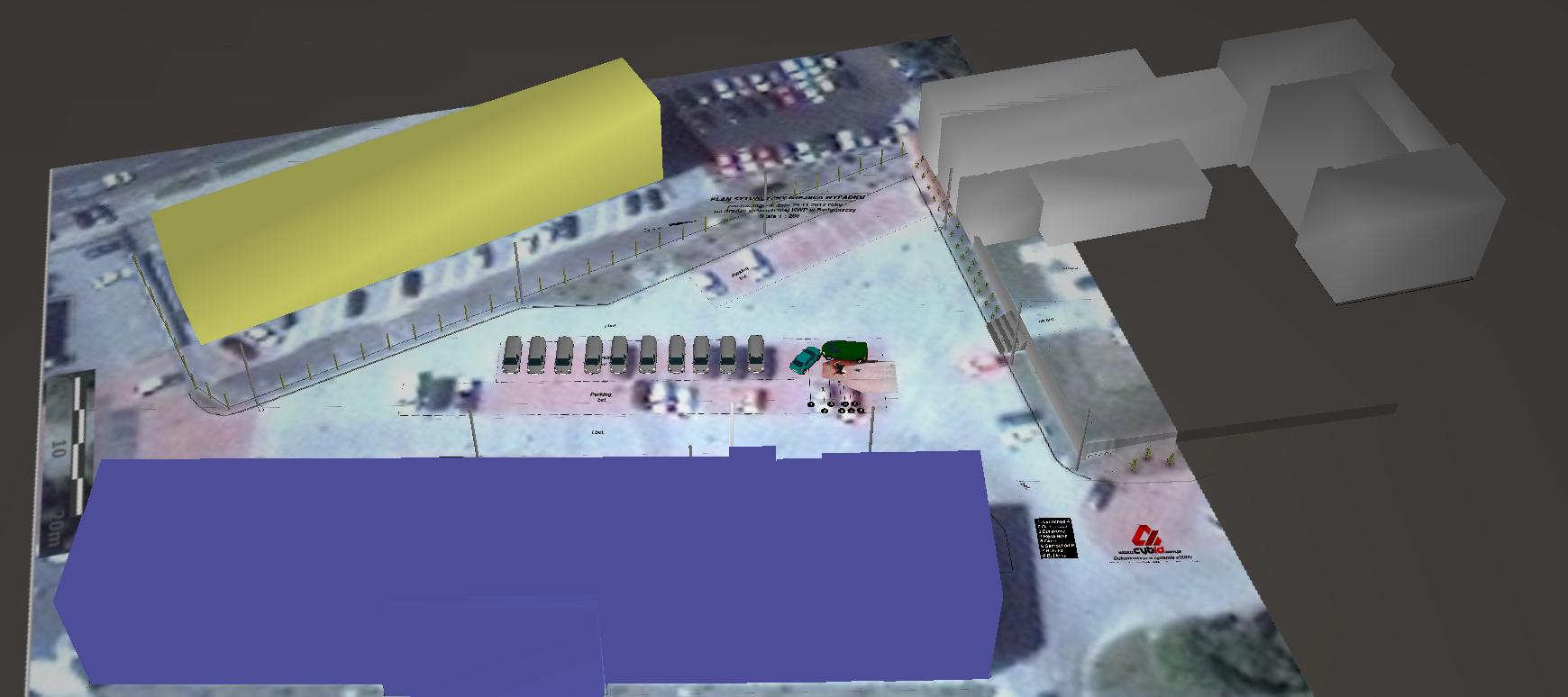 ꜛ Plan sytuacyjny miejsca zdarzenia z fotoplanem śladów wykonany w systemie.