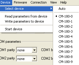 Exit wyjście z programy CM180conf. Device Select device wybór typu urządzenia do konfigurowania. Auto automatyczne wykrycie typu urządzenia wraz z odczytaniem parametrów.