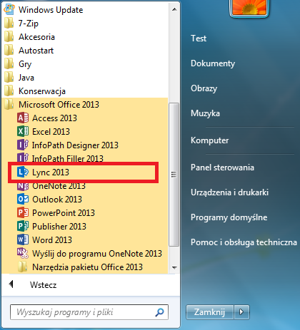 Microsoft Windows 8: otwórz ekran Startowy i odszukaj programy Microsoft Office: Konfiguracja Lync (niezbędna do aktywacji pakietu) 5.