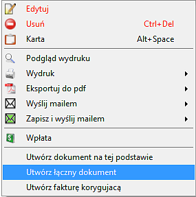 2. Utwórz łączny dokument Tak jak w poprzednim przypadku, aby skorzystać z tej funkcji wystarczy zaznaczyć wybrane dokumenty i kliknąć prawym klawiszem myszy wybierając opcję Utwórz łączny dokument.