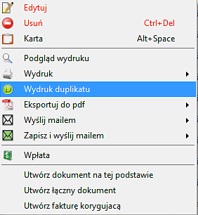 Duplikat faktury W programie istnieje funkcja wydruku duplikatu dokumentu sprzedaży. Opcja ta jest dostępna dla wszystkich typów dokumentów, także dla tych z rozszerzonej listy.