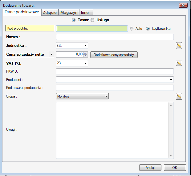 Okno dodawania towaru/usługi: 1. Dane podstawowe Towar/Usługa należy zaznaczyć, czy wprowadzany produkt jest towarem, czy też usługą. Program domyślnie ustawiony jest na dodawanie towaru.
