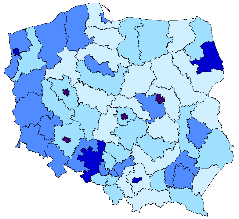 Mapa 8. Miejsca w placówkach na 1000 dzieci w wieku do lat 3 według podregionów Najwięcej placówek w 2011 r. było w województwie mazowieckim.