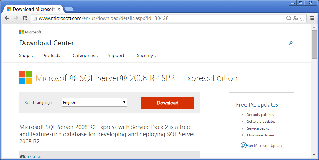 Instalacja i konfiguracja Microsoft SQL Server 2008 R2 Express 3/14 Na wyświetlonej liście wybierz pozycję Microsoft SQL Server 2008 R2 SP2 Express Edition.
