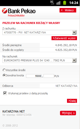 2. Przelew na rachunek własny Aby wykonać przelew na rachunek własny wybierz z menu Rachunek pieniężny a następnie link Przelew na rachunek własny.