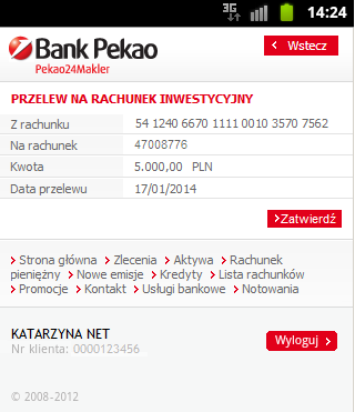 4. Przelew na rachunek inwestycyjny Aby wykonać przelew na rachunek inwestycyjny należy w polu Z rachunku wskazać na liście rozwijalnej numer rachunku bieżącego, z którego ma być pobrana kwota