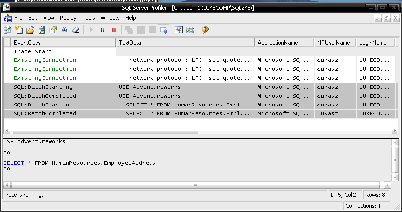 SQL Server Profiler Narzędzie, które pozwala podglądać zapytania wykonywane na bazie danych.