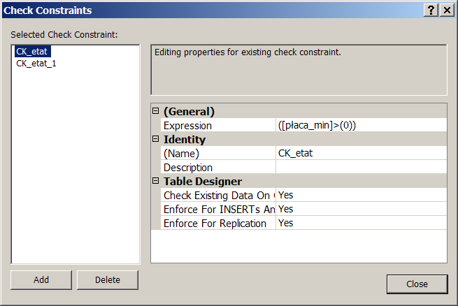 S. Samolej, A. Bożek: Administrowanie bazą danych MS SQL Server 2005 12 4. Czwartym krokiem może być uzupełnienie ograniczeń dla poszczególnych kolumn.