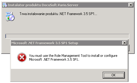 Instrukcja Instalacji Vario.ONE 33 6 FAQ 6.1 Dlaczego podczas instalacji produktu.net Framework 3.5 SP1 (komponent wymagany dla instalacji Vario.Server) pojawia się błąd (taki jak na obrazku)? Rys.