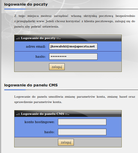 Logowanie do poczty/cms umożliwia użytkownikom sprawdzenie swojego konta pocztowego oraz zarządzanie kontem www wprost z przeglądarki internetowej komputera.