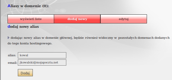 Menu konta pocztowe daje nam możliwość wglądu w posiadane konta (skrzynki), dodawanie kolejnych kont pocztowych ( o ile posiadany przez nas pakiet na to pozwala ) oraz zmianę haseł i usuwanie