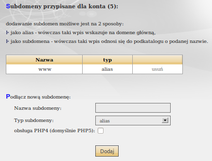 Kolejna z opcji, to możliwość zarządzania subdomenami i aliasami dla konta www. W zależności od posiadanego pakietu, do naszego konta www możemy dodawać dodatkowe podkonta, tzw.