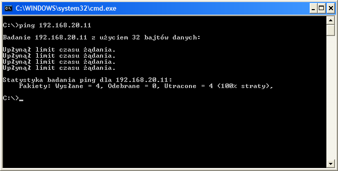 Śledzenie drogi połączenia do modułu Firewall B poleceniem tracert (kolejno przez domyślny router i moduł Firewall B)