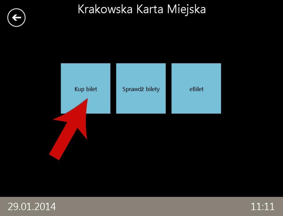 Na głównym wyświetlaczu pojawi się ekran z wyborem między biletami jednorazowymi i wieloprzejazdowymi a Krakowską Kartą Miejską.