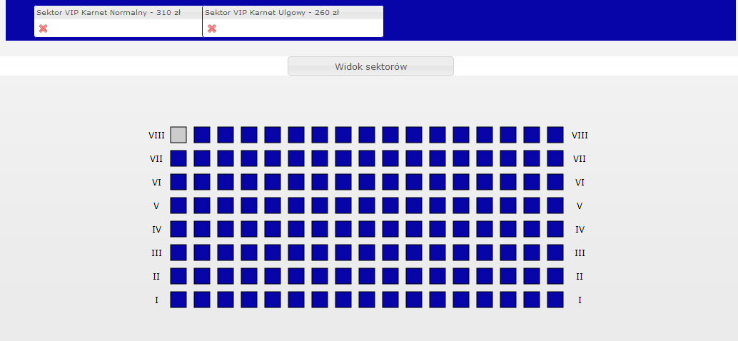 6. Wybierz miejsce w sektorze, które cię interesuje. UWAGA: dostępne miejsca zaznaczone są kolorem odpowiadającym wybranej kategorii biletu/karnetu. Miejsca zaznaczone na szaro są niedostępne.