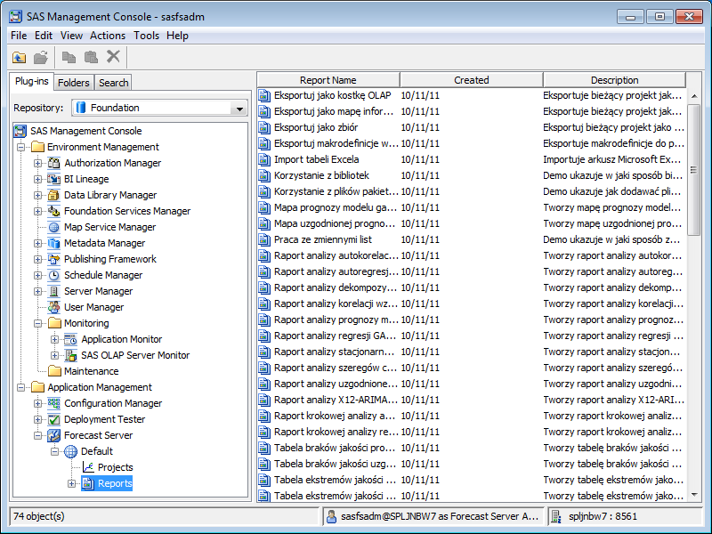 30 6. Import przykładowych raportów (procesów gotowych). 1. Logujemy się jako administrator Forecast Servera do środowiska Forecast Servera w SAS Management Console. 2.