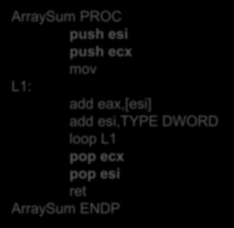 USES - przykład ArraySum PROC USES esi ecx mov eax,0 ; L1: add eax,[esi] ; add esi,type DWORD loop L1 ret ArraySum