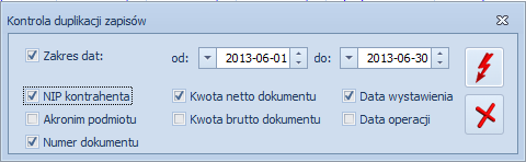Rys. Parametry kontroli duplikacji w rejestrze VAT Jeśli parametr Zakres dat zaznaczony kontrola działa wg zakresu dat (zakres dat przejmowany jest z listy zapisów rejestru VAT).