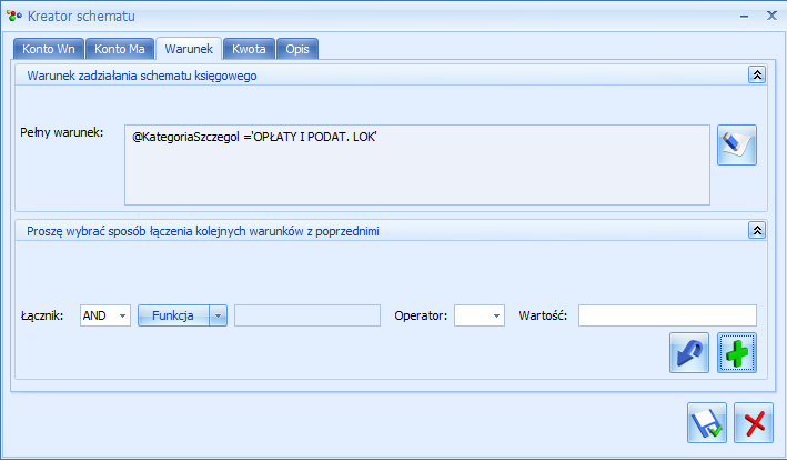 Rys. Wizard pozycji - Warunek zadziałania elementu schematu księgowego Grupa pierwsza to przyciski związane z obsługą okna Wizarda: Zapisz zmiany zapisuje podstawowe dane nagłówka oraz powoduje