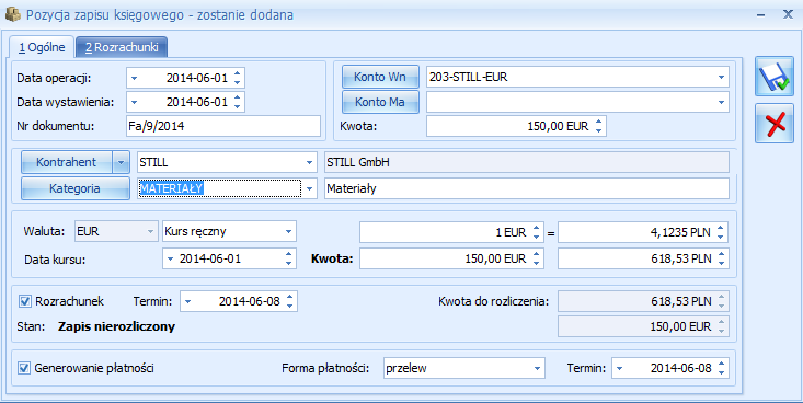 Następne informacje, które Użytkownik wprowadza, związane są z Kontrahentem oraz Kategorią.