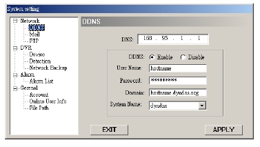 Po ustawieniu naciśnij "APPLY"aby potwierdzić. DDNS Przykład: - Wybierz serwis oferujący usługę DDNS, np. http://www.dyndns.org - Utwórz konto w DynDNS.