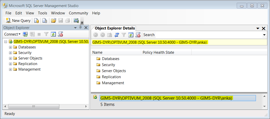 Instalacja Microsoft SQL Server 2008 R2 Express z płyty Optivum 6/6 3. Jeśli w oknie Connect to Server w polu Authentication jest ustawiona pozycja Windows Authentication, kliknij przycisk Connect.