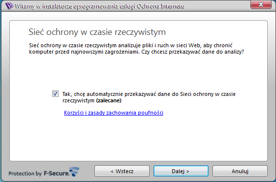 5. Kliknij Dalej, aby kontynuować instalację. Pojawi się okno Sieć ochrony w czasie rzeczywistym: 6.