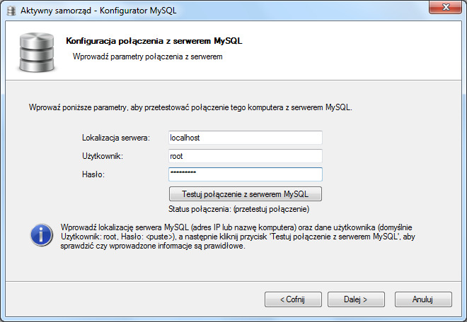 16 2. Wprowadzamy dane dostępowe do bazy danych MySQL.