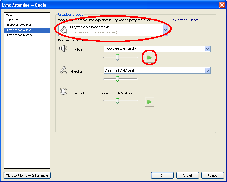 Sprawdzenie poprawności ustawień audio programu Microsoft Lync 2010 Attendee 1.