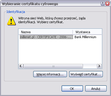 Należy zaznaczyć właściwy Certyfikat Internetowy (gdyby na komputerze było zainstalowanych więcej
