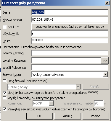 Sesion Nazwa sesji (dowolna w przykładzie użyto nazwy Drukarnia ) Host name [:Port] Adres serwera docelowego: ftp://87.204.185.