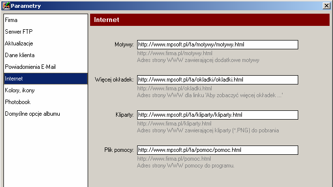 7.6. Zakładka Internet Na zakładce Internet wpisuje się linki do stron WWW, na których znajdują się dodatki do programu mpfotoalbum.