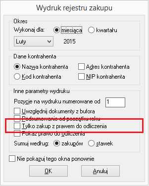 Ponadto dla wydruków: Rejestr zakupu za okres i Rejestr zakupu za okres szczegółowy zostało zmodyfikowane okno parametrów wydruku. Dodano nowy parametr Tylko zakup z prawem do odliczenia.