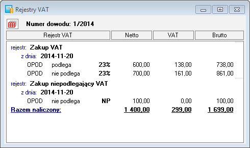 Zaliczając dokument do rejestru VAT dla zapisu podlegającego 50% odliczeniu kwoty będą sumowane ze względu na typ rejestru (np. Zakup Vat, Zakup niepodlegający VAT) 