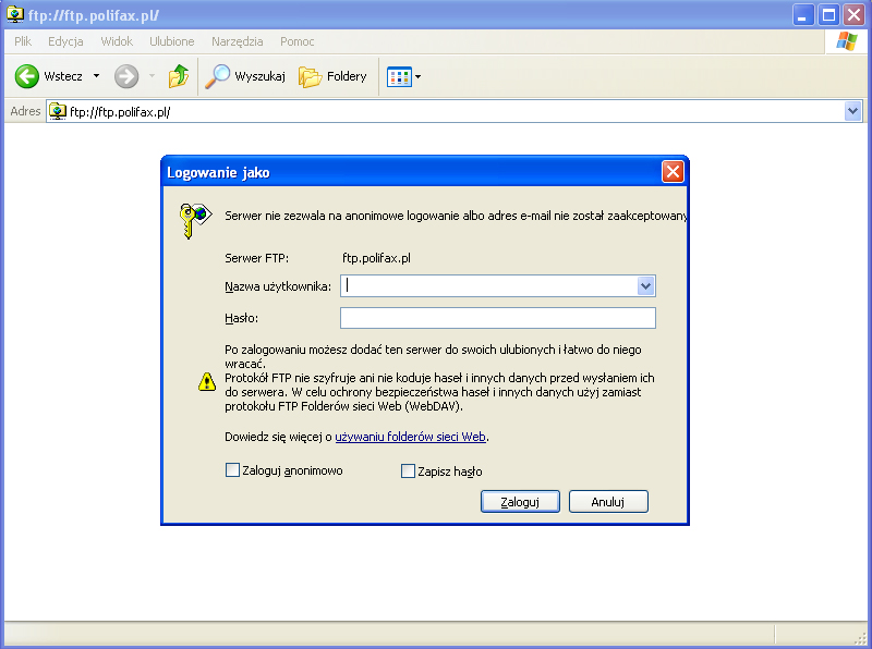 Krok 2. W pasek adresu wpisujemy adres serwera FTP: ftp.polifax.