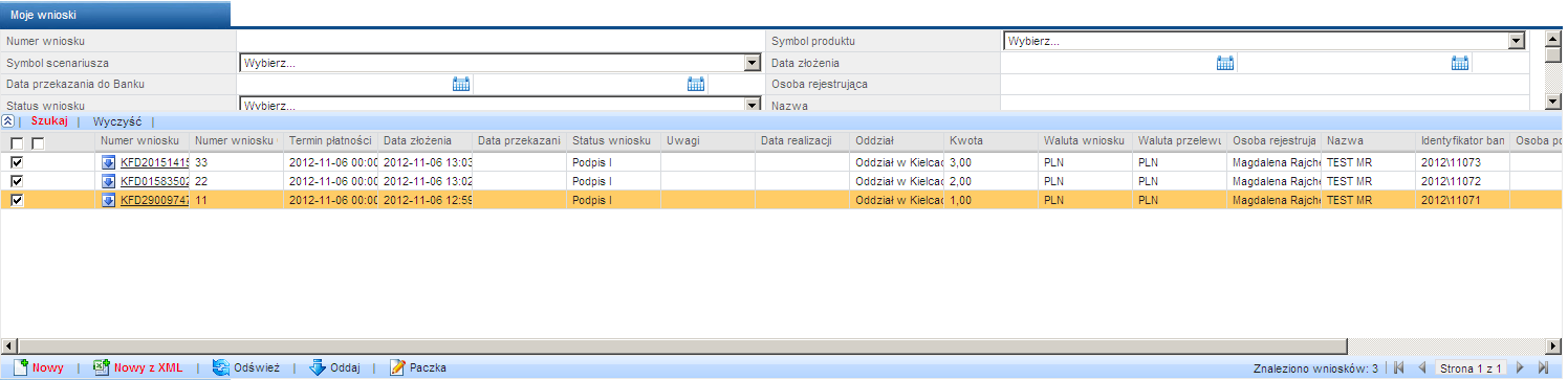 VIII. Paczka 1. Tworzenie paczki rozpoczynamy od zaznaczenia checkbox w puli wniosków przy wybranych wnioskach lub użycie przycisku.