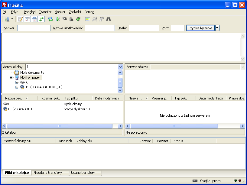 Slajd 103 Filezilla interfejs użytkownika Obszary robocze głównego okna aplikacji