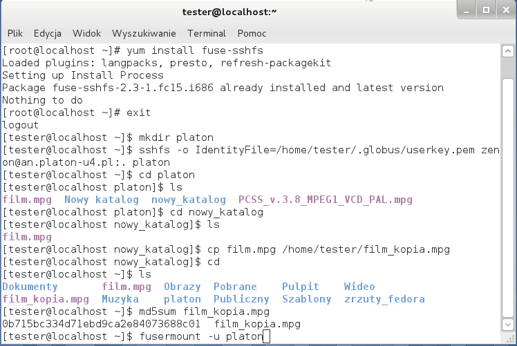 Slajd 175 Fedora 15 klient sshfs Odmontowanie zdalnej przestrzeni