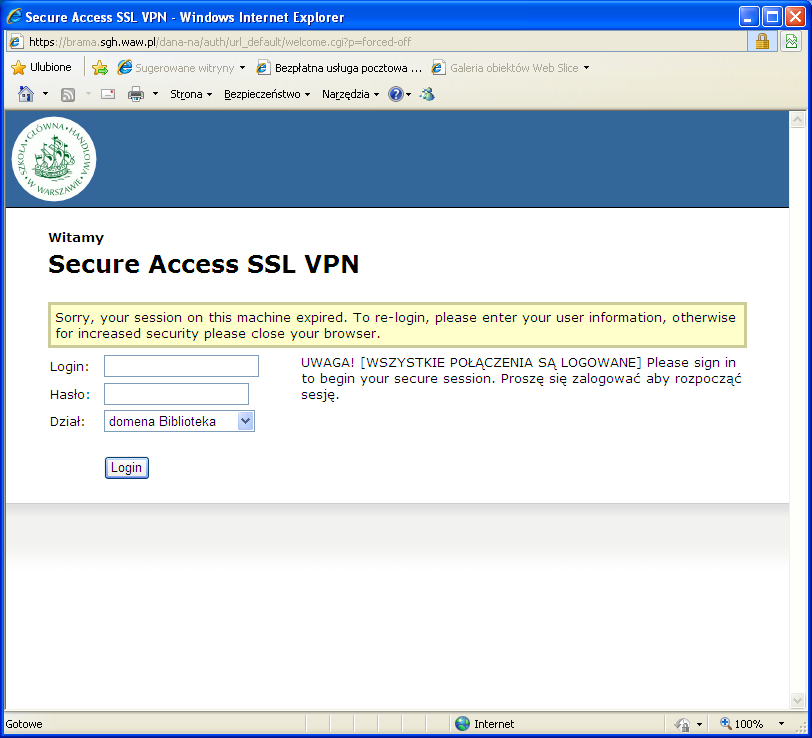W przypadku braku aktywności ze strony użytkownika po 30 minutach system sam zamyka połączenie VPN.