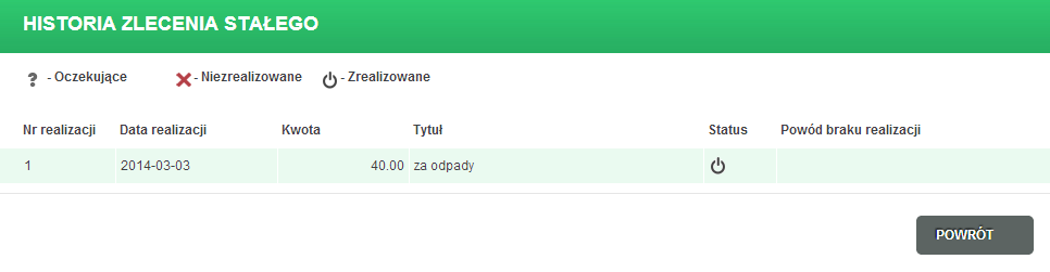historia realizacji prezentowany jest komunikat: Brak historii dla wybranego zlecenia.