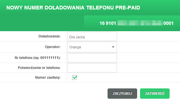 Dodanie / edycja numeru W celu zdefiniowania nowego numeru doładowania telefonu pre-paid należy z menu systemu wybrać opcję Doładowania telefonów -> Nowy numer lub w oknie Lista numerów wybrać