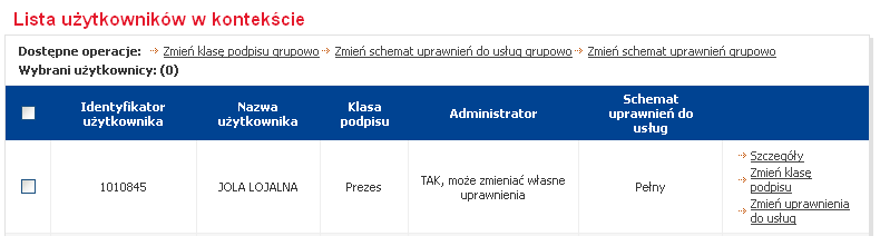 Przypisywanie schematów uprawnień do konkretnego użytkownika - Lista użytkowników w kontekście: Należy skorzystać z funkcji Szczegóły znajdującej się obok użytkownika: Zostanie wyświetlona strona