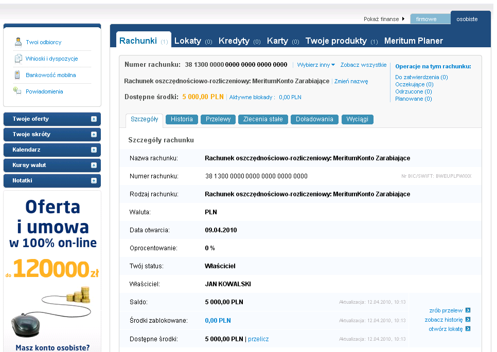 Przewodnik użytkownika Bankowość elektroniczna 25 III. OFEROWANE USŁUGI TRANSAKCYJNE 1. RACHUNKI W systemie pracujesz w kontekście (widoku) jednego rachunku.