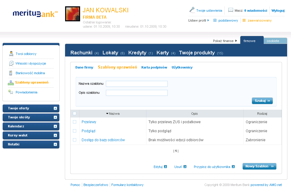 64 Przewodnik użytkownika Bankowość elektroniczna możesz wprowadzić dowolną liczbę zestawów podpisów, by stworzyć kartę podpisów dostosowaną do potrzeb Twojej firmy; każdy z zestawów możesz w