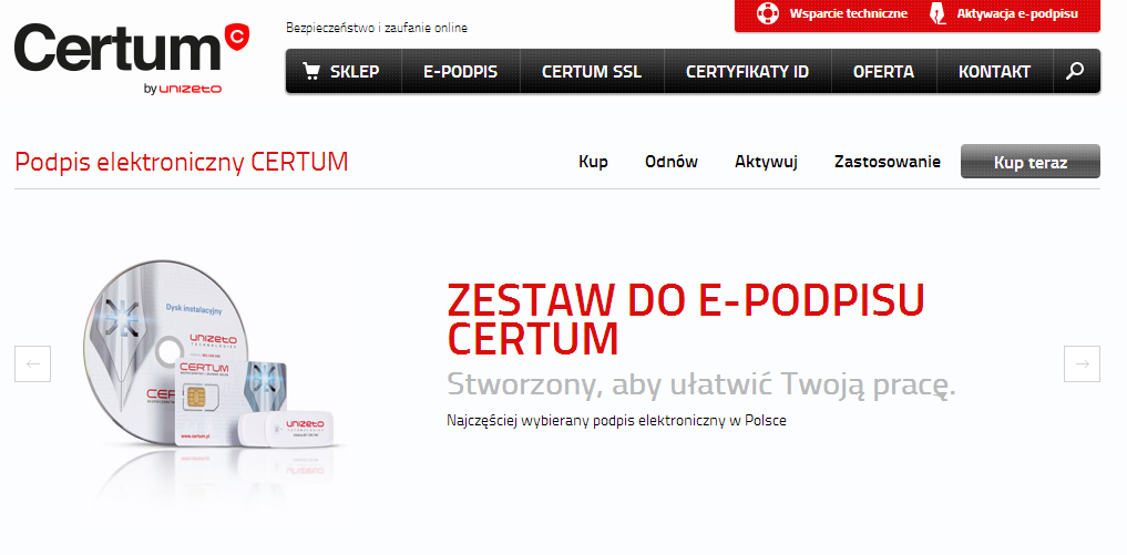 W przypadku chęci zakupu zestawu Certum drogą internetową, należy nacisnąć przycisk Kup teraz.