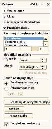 4-76 Dostępne wzorce stron zobaczyć można w ramce zadań Zmienianie przejścia slajdu Dla poprawy walorów estetycznych prezentacji, zastosować można efektowne przejścia slajdów Lista dostępnych przejść